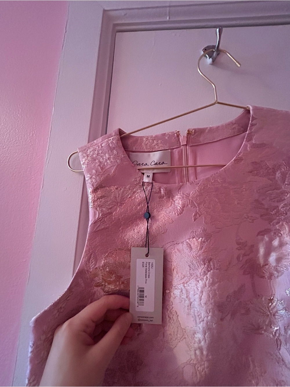 Women’s Pink Metallic Brocade Dress with Feather Hem - Picture 4 of 4